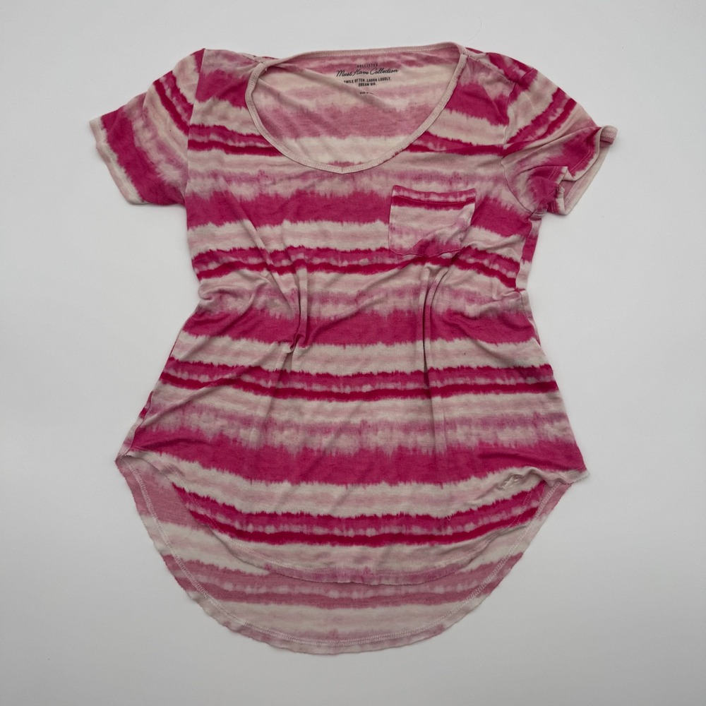 Hollister Must Have Collection Pink Tie Dye Stripe Scoop Neck Pocket Tee XS